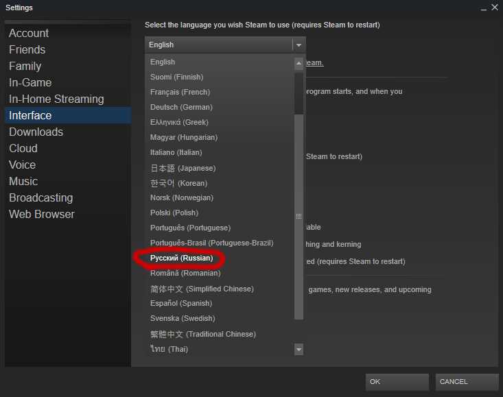 Как в Steam поменять язык на русский